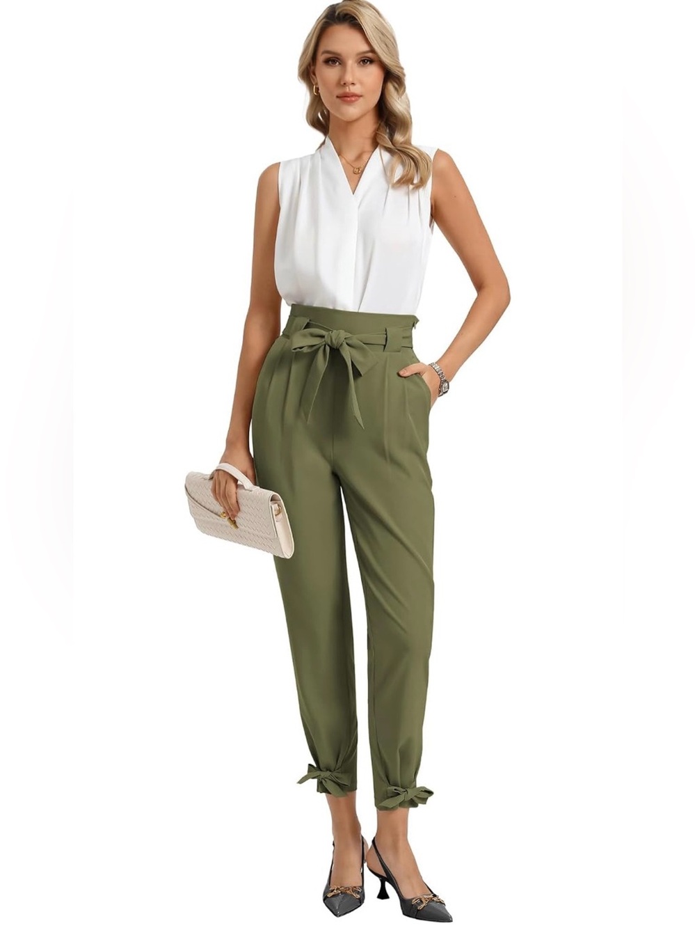 GRACE KARIN Army Green High-Waisted Paperbag Pencil Pants